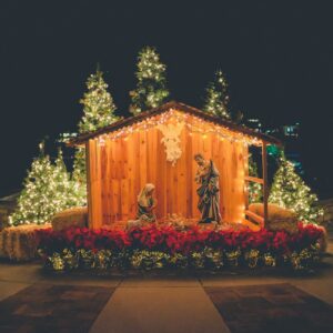 nativity outdoor decor during night time