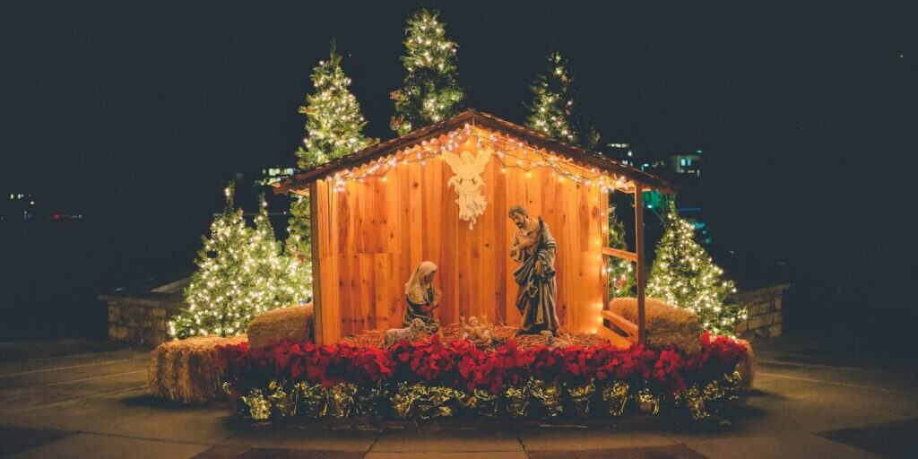 nativity outdoor decor during night time